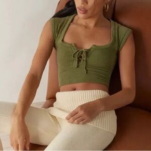 Out From Under NWT Urban Outfitters Knockout Seamless Lace-Up Top - olive green